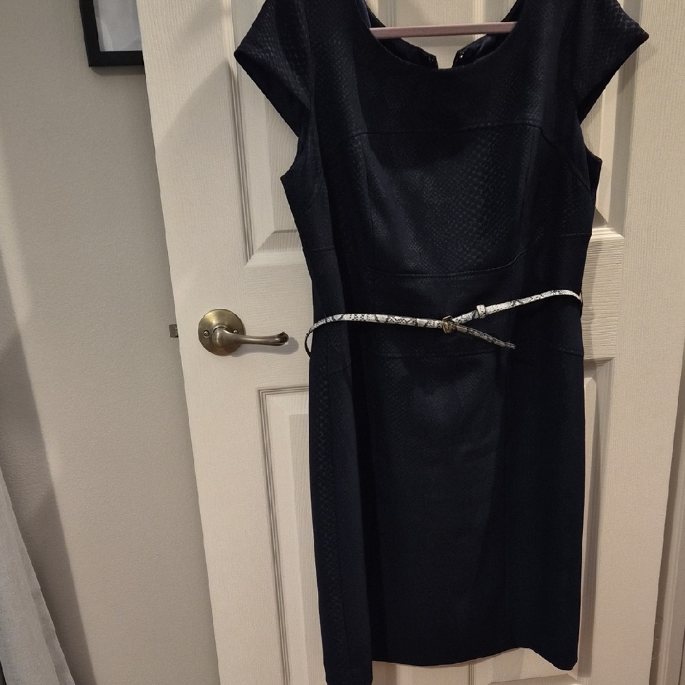 Tahari ASL Textured Blue Midi Dress with Belt